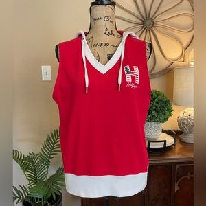 Tommy Hilfiger USA Red and White French Terry Sleeveless Hoodie Top
